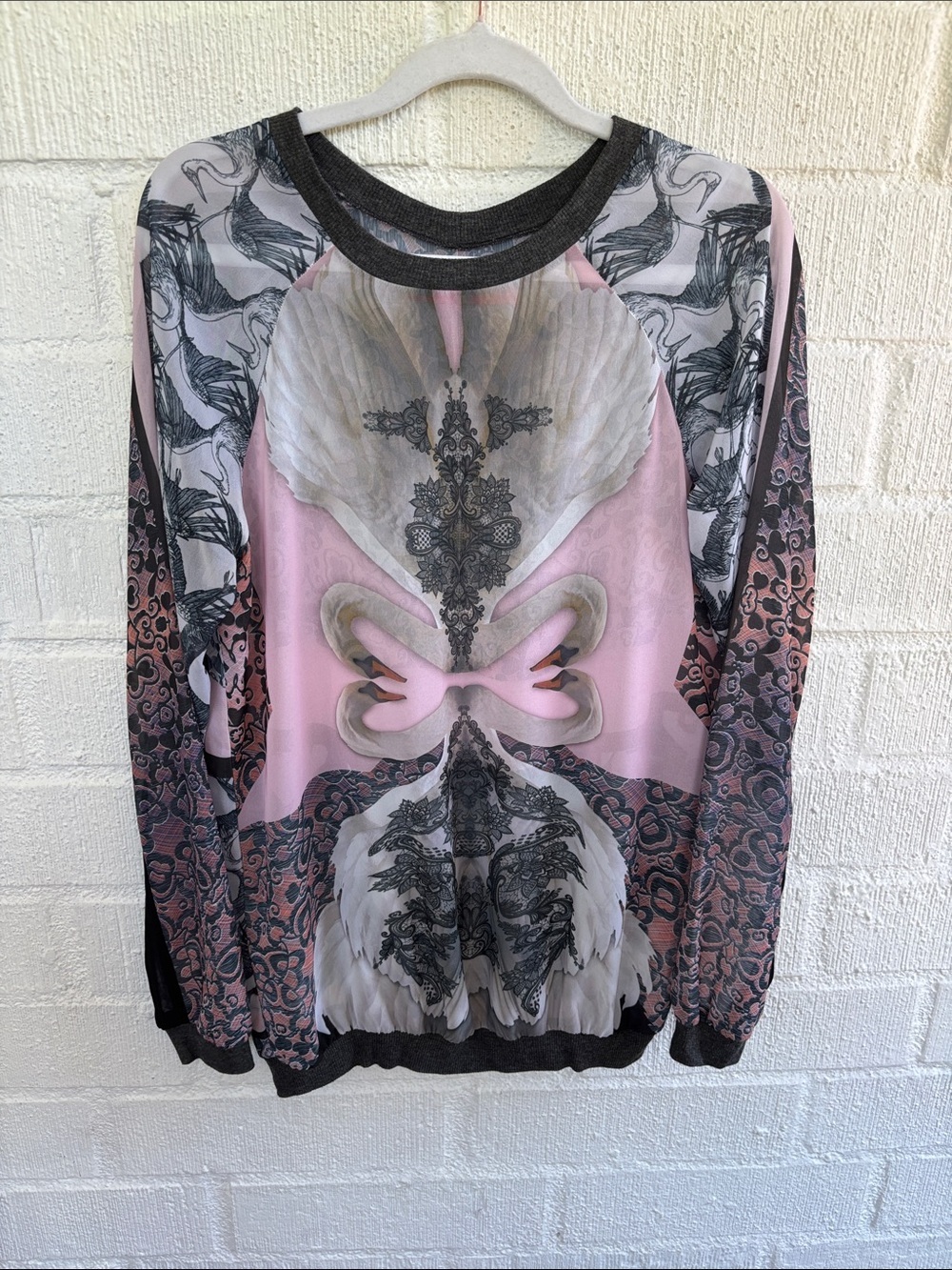 Clover Canyon Swan-Print Pullover Sheer Pink & Black Sweatshirt sz S